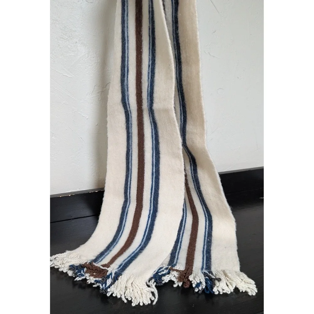 Gender‎ Neutral 100 % Wool Scarf Cream/Blue/Brown w/Tassel Fringe